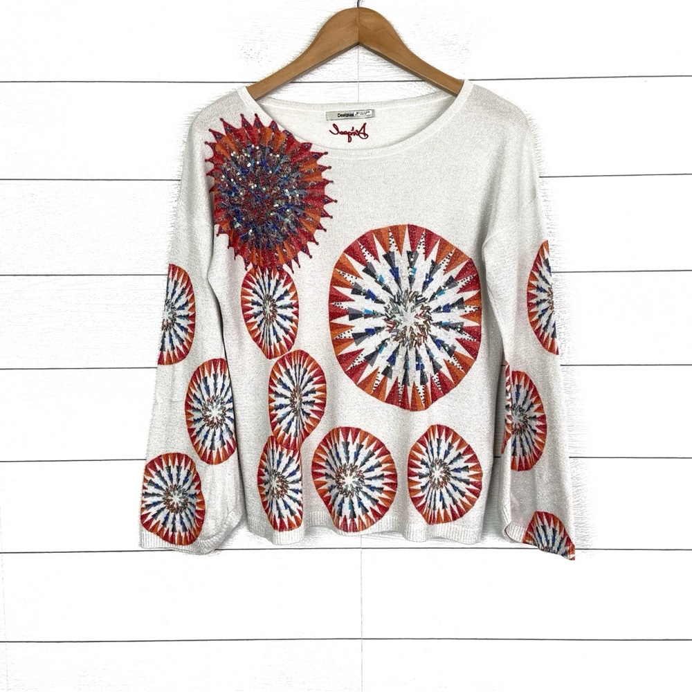 DESIGUAL Valeri Jumper Sweater Silver Metallic Long Sleeve Sequin Bead Large